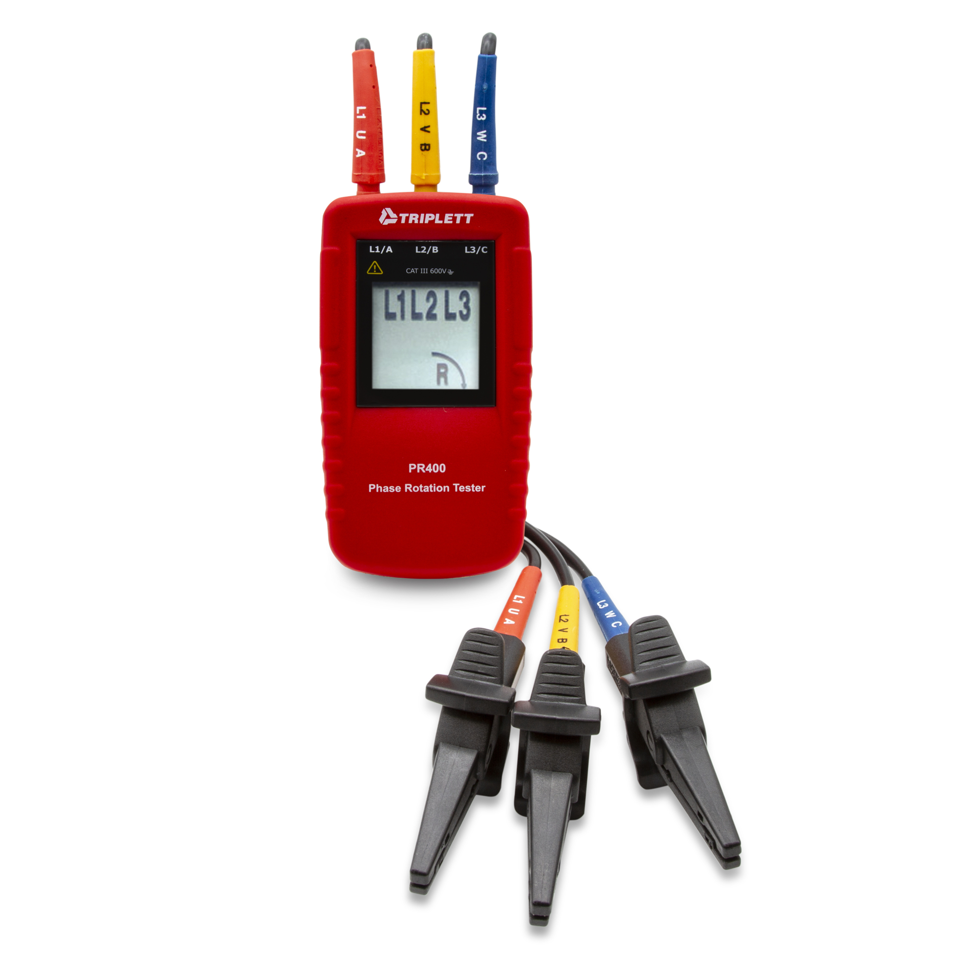 Triplett Phase Rotation Tester — Determines Correct Phase Wiring Sequence, Color-Coded Test Leads, CAT III 600V, Model# PR400